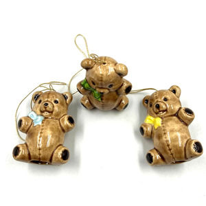 Vintage Lot 3 Christmas Ornaments Glazed Ceramic Teddy Bears W Bows Hollow